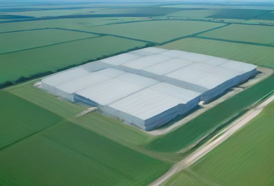 Photorealistic aerial view of a vast modern data center complex with white rooftops and solar panel arrays surrounded by green fields under a clear blue sky