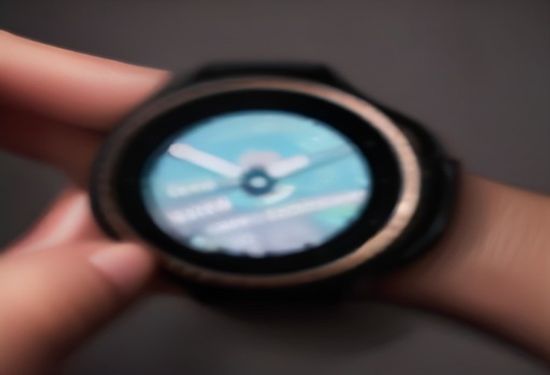 Photorealistic close-up of a Samsung Galaxy Watch on a wrist displaying a vibrant ECG heart rate graph, blurred medical clinic background