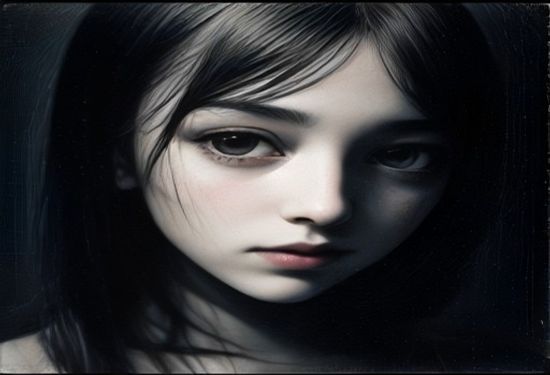 Photorealistic close-up of a single, old, faded photograph of a young girl, partially covered by a distorted digital glitch overlay, symbolizing corrupted data and violation, deep shadows, high contrast