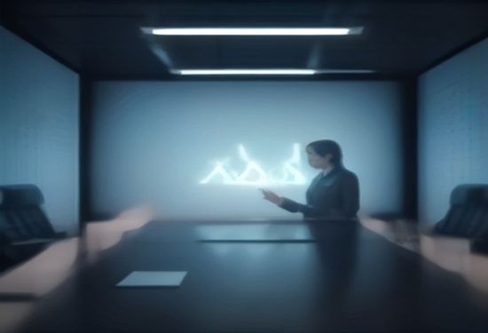 Photorealistic corporate boardroom scene with Dali Rajic and OpenAI executives shaking hands over a laptop showing growth charts, dark office background with subtle blue lighting, professional suits, no text