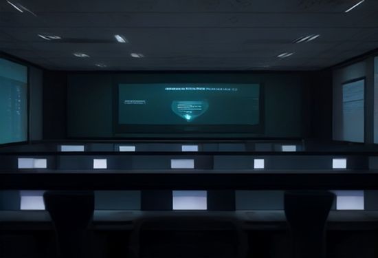 Photorealistic corporate cybersecurity war room with diverse IT team monitoring AI threat detection dashboards, urgent tense atmosphere