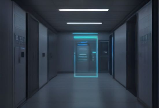 photorealistic corporate data center server room with glowing network cables and a digital lock icon overlay representing identity security and AI cost control