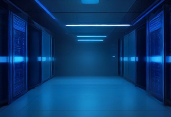 Photorealistic image of a data center server room with multiple high-tech compute racks, glowing blue LED indicators, and a digital security shield hologram floating above a central processor chip, shallow depth of field, no text or labels visible anywhere