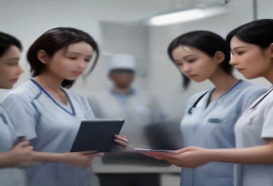 Photorealistic image of a diverse group of medical professionals and patients using a digital tablet displaying diagnostic AI interface in a modern hospital setting
