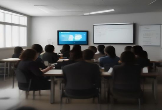 Photorealistic image of a diverse group of teachers collaborating around a laptop with an AI assistant interface in a modern bright classroom, no text on screen