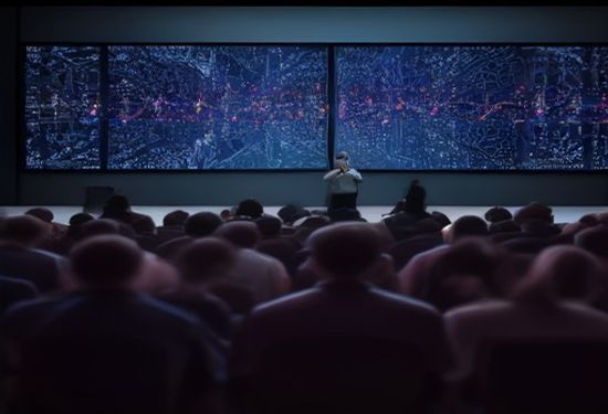 photorealistic image of a diverse group of voters looking at a large digital screen displaying abstract neural network patterns in a modern town hall