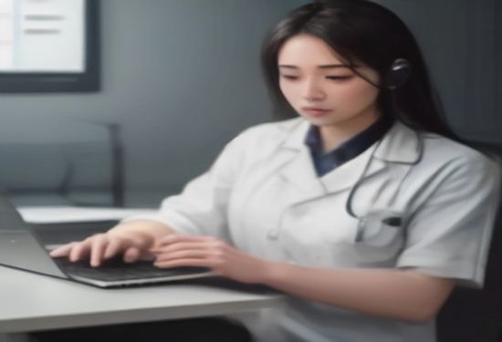 Photorealistic image of a doctor using a laptop with a video call interface showing an AI assistant, modern clinical setting, photorealistic style, no text