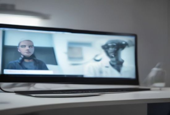 Photorealistic image of a doctor viewing a laptop screen showing a robotic assistant during a telemedicine consultation in a modern clinic