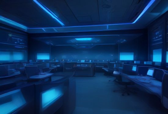 Photorealistic image of a futuristic cybersecurity operations center with a glowing AI brain hologram and defensive firewalls, no text