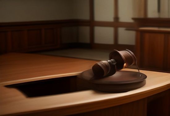 photorealistic image of a gavel and laptop with writing documents on a desk in a modern courtroom setting