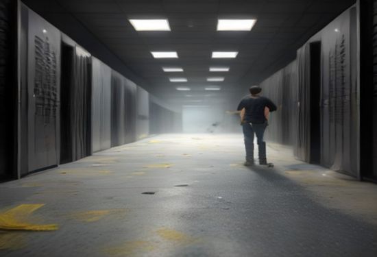 Photorealistic image of a giant broom sweeping away colorful digital particles and broken text fragments from a server room floor, focus on clean, empty space