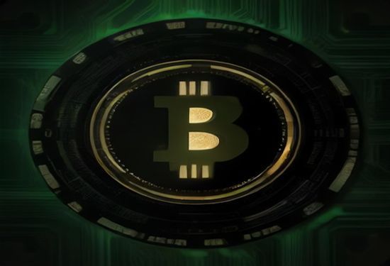 Photorealistic image of a glowing Bitcoin coin on a circuit board, surrounded by holographic data charts and neural network lines, dark background, no text