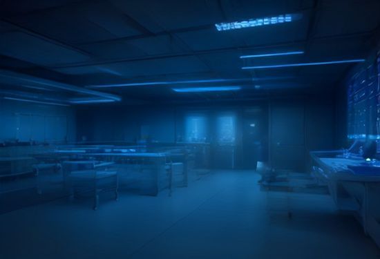Photorealistic image of a high-tech pharmaceutical laboratory with robotic arms and digital molecular holograms floating above researchers, dark blue ambient lighting.