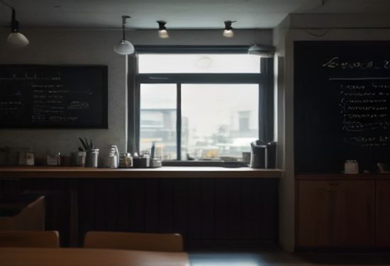 Photorealistic image of a Minneapolis coffee shop interior with a chalkboard menu and an open register drawer, viewed from the street through a window, no text, no letters