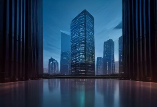 Photorealistic image of a modern corporate skyscraper with a digital network overlay of glowing routes converging into a central payment terminal, focus on clean architectural lines and soft tech bokeh