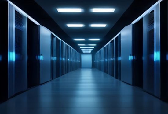 Photorealistic image of a modern data center corridor with sleek black server racks illuminated by blue LED lights, showing futuristic AI computing hardware.