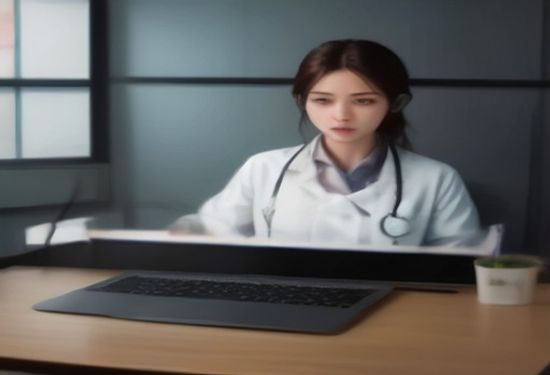 Photorealistic image of a modern doctor using a laptop for a telehealth video call with a patient, focusing on the screen showing the AMIE interface, clinical setting