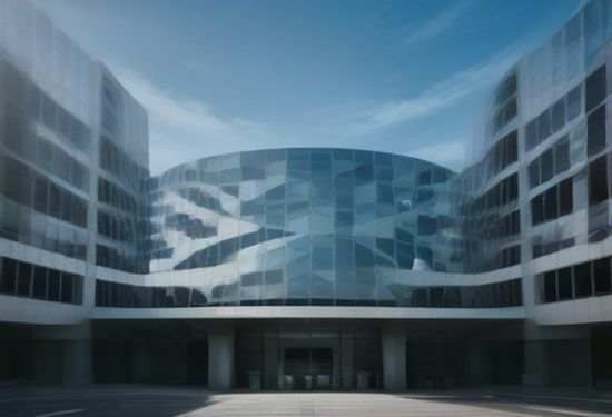 Photorealistic image of a modern government building in Madrid with digital network overlays, surrounded by abstract data streams connecting to maps of Latin American countries, warm sunlight, professional documentary style