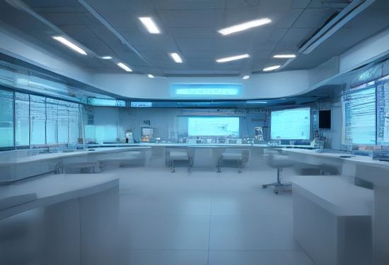 Photorealistic image of a modern pharmaceutical research laboratory with robotic arms and large digital screens showing complex molecular structures, scientists in white coats monitoring automated systems, bright clean lighting