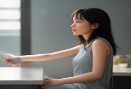Photorealistic image of a person wearing a small round sensor on their upper arm, viewing a smartphone app with a glucose graph, bright modern kitchen background