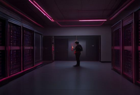 photorealistic image of a server room with a large red warning light flashing on a network switch panel, cables neatly arranged, technician looking at monitor showing down graph