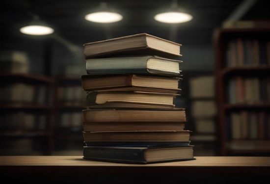 Photorealistic image of a stack of vintage hardcover books being carefully scanned by a modern industrial scanner in a dimly lit warehouse