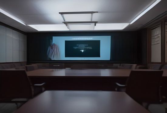 Photorealistic image of a tense meeting in the White House situation room, with officials discussing documents and digital screens showing AI data graphs, no text