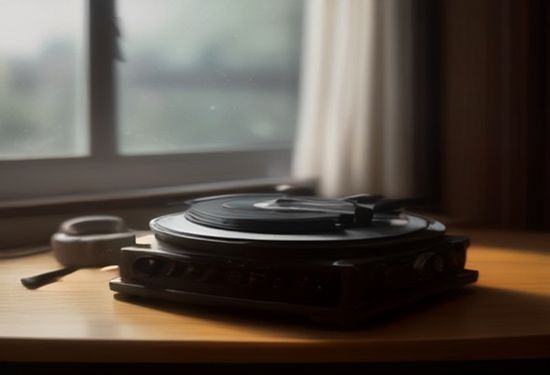 Photorealistic image of a vintage vinyl record player on a wooden desk with headphones resting nearby, soft window light, shallow depth of field, no text