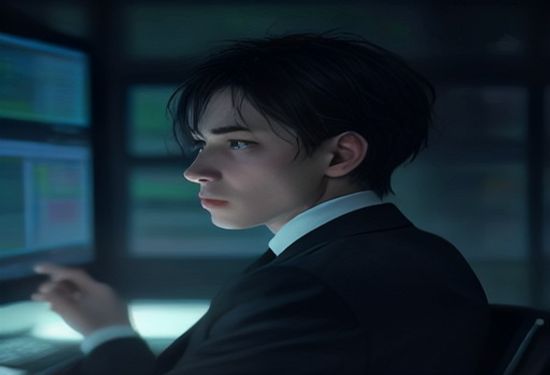 Photorealistic image of a worried financial trader looking at multiple screens showing AI-related stock charts that are steeply declining, with a dark tense trading floor atmosphere.