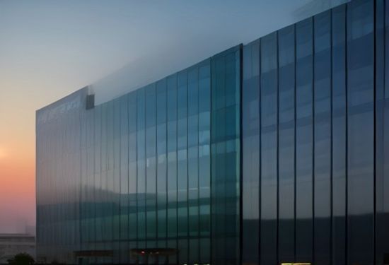 Photorealistic image of Alibaba corporate office building with subtle AI circuit board patterns on glass facade at sunset