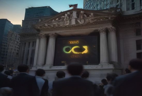 Photorealistic image of the New York Stock Exchange facade at golden hour, with a massive digital ticker displaying a $2 trillion figure, surrounded by traders in suits, cinematic lighting, no text