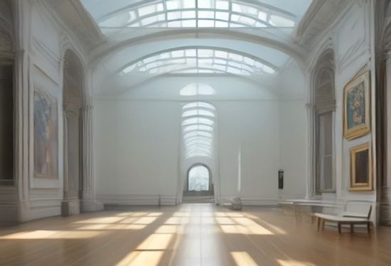 photorealistic museum gallery interior with large Monet impressionist paintings on white walls, soft natural lighting from skylights, visitors viewing artwork, wooden benches, polished floor