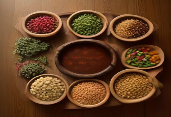 photorealistic overhead shot of a rustic wooden table filled with vibrant, colorful bowls of fresh vegetables, grains, and herbs, natural light, no text