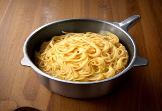 photorealistic overhead shot of fresh fettuccine pasta being lifted from a stainless steel pot with steam rising, vibrant tomato sauce in a nearby bowl, rustic wooden table setting