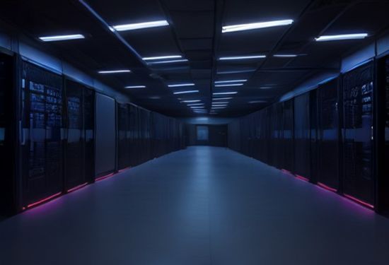 Photorealistic overhead view of a modern data center with separate modular racks for orchestration servers and GPU compute units, illuminated by cool blue and warm orange lights, conveying architectural separation