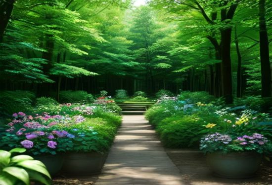 Photorealistic shot of a lush Alabama nursery garden with vintage galvanized planters, colorful native flowers, and a wooden bench under dappled sunlight