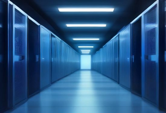 Photorealistic shot of a modern, expansive data center corridor filled with glowing server racks and subtle blue ambient lighting, viewed from a central perspective.