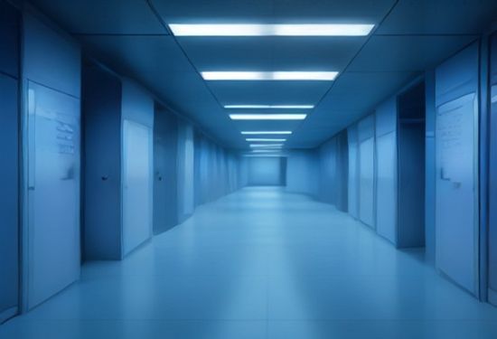 Photorealistic shot of a sleek, modern server room aisle with glowing blue lights, focusing on a central processing chip unit, no people, high detail