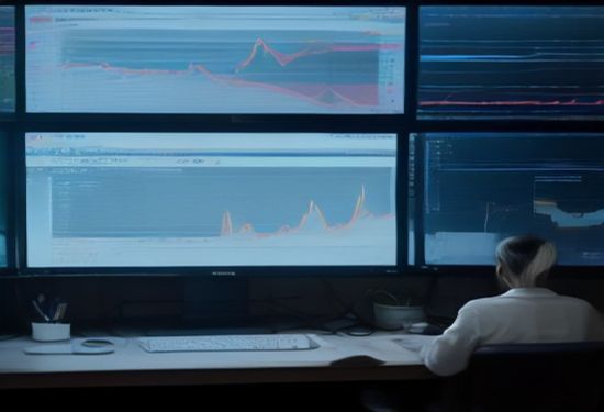 Photorealistic trading desk with cryptocurrency charts on monitors, analysts reviewing AI generated data forecasts, modern fintech office environment