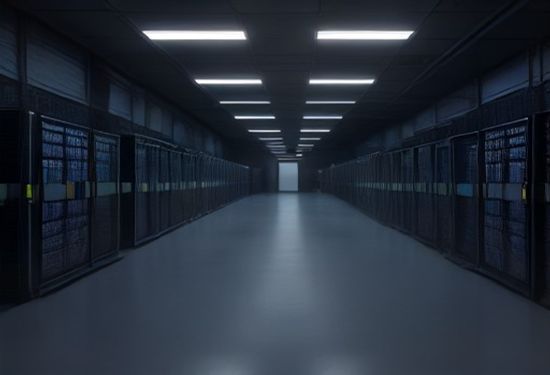 Photorealistic wide shot of a busy data center with rows of server racks, cooling fans and blinking lights, viewed from a slightly elevated angle, no people, no text, no watermark