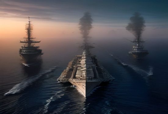 Photorealistic wide shot of a US Navy aircraft carrier and destroyers on patrol in the Strait of Hormuz at dawn, with an Iranian oil tanker in the distance, tense atmosphere, clear skies.