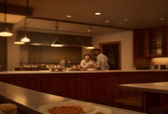 photorealistic wide shot of an elegant Italian restaurant interior with warm lighting, chef plating fresh pasta, and digital tablet showing analytics on the counter