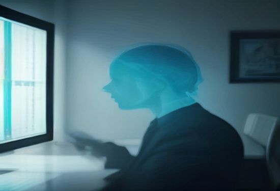 Professional CEO in dark suit reviewing holographic financial data charts in modern glass office, photorealistic corporate portrait with soft blue ambient lighting