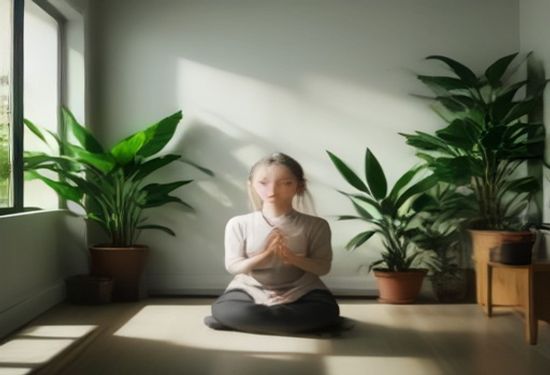 Realistic photo of a serene woman meditating in a sunlit minimalist room with organized plants and a clear desk, no text