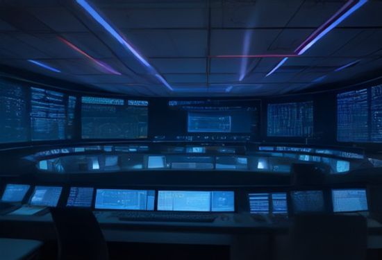 Realistic photo of a sleek modern software factory control room with multiple large screens showing neural network visualizations and code, illuminated by blue and orange lights.