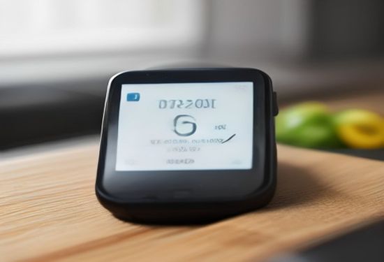 Realistic photo of a smartwatch displaying a glucose graph, held near a healthy meal with fresh vegetables and a water bottle on a bright modern kitchen counter.