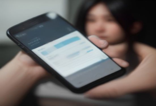 Realistic photograph of a person wearing a small white glucose sensor on their upper arm while using a sleek smartphone displaying a health dashboard