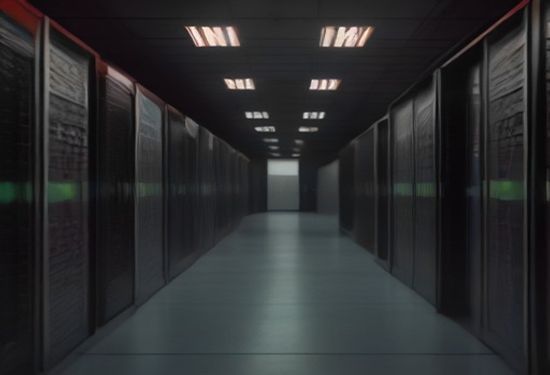 Realistic photorealistic photograph of a large server room with red and green blinking lights, technicians inspecting racks, no text or letters