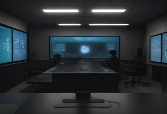 Realistic wide shot of a modern game development studio with AI software screens on monitors, diverse team collaborating in foreground, photorealistic lighting