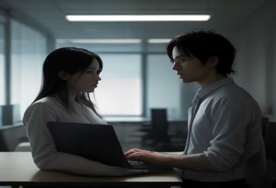 Two software engineers in a modern office arguing over a laptop screen displaying code, dramatic tense lighting, photorealistic style